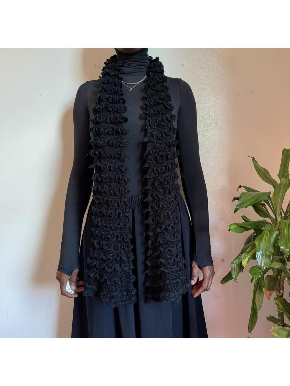Black Ruffle Knit Scarf–Whimsygoth Tiered Texture Long Scarf